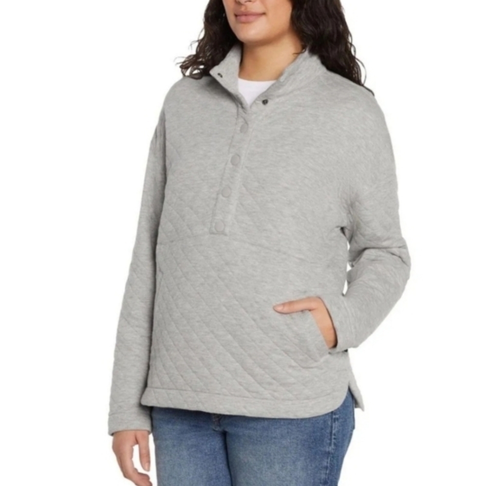 NWT Eddie Bauer Womens Light Grey Quilted Long Sleeve Pullover Sweatshirt Size L